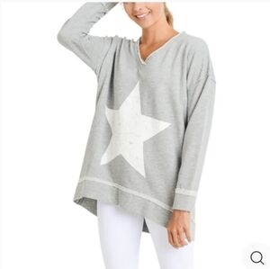 Mono B Women's Antiqued Star V-Neck Sweatshirt Grey Size Small / Medium